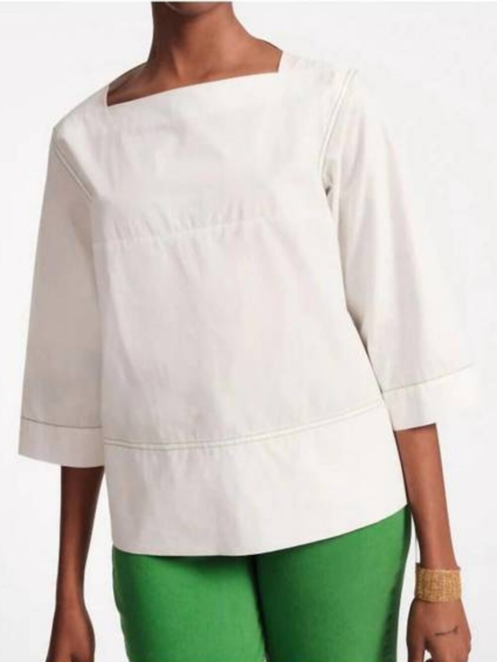 Frances Valentine Carly White Green Trim Poplin Cotton Quarter Sleeve Top